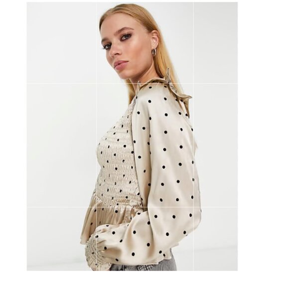 ASOS Smoked Black Velvet Spots on Taupe Long Sleeves Sz 8 Topshop - Picture 2 of 7